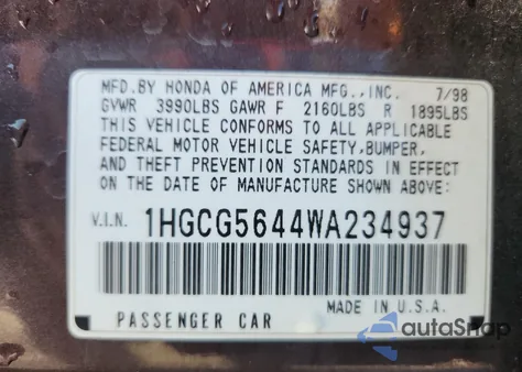 1998 Honda Accord Lx из США, поврежденный, VIN 1HGCG5644WA234937